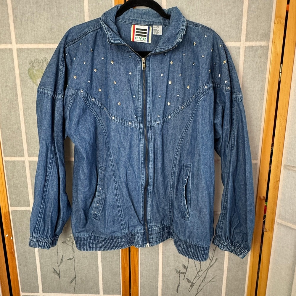 Vintage EVR Rousso Denim Studded Bomber Jacket Blue Western Zip Up Large